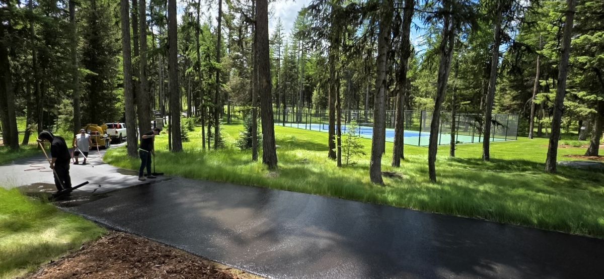 Crew members applying sealer along a wooded residential driveway lined with pine trees.