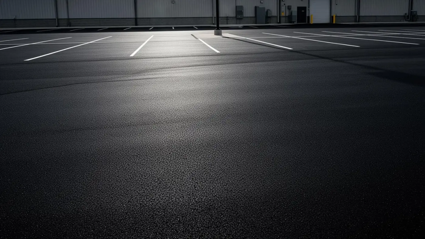 Crew applying Pitch Black coal-tar-free sealcoat to a commercial parking lot in the Flathead Valley, Montana