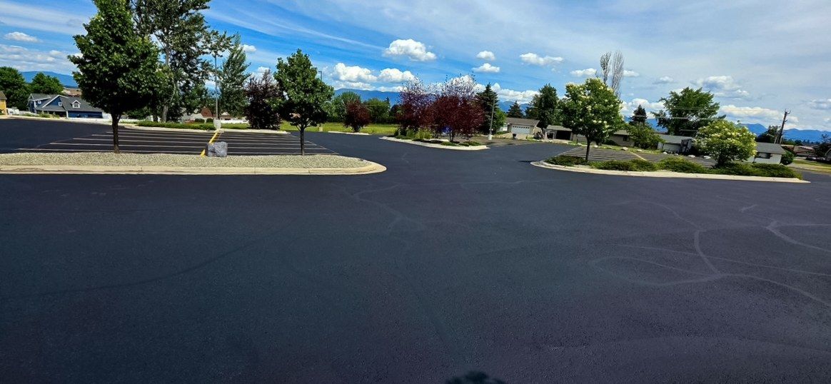 Open freshly coated asphalt parking area with curbed islands and perimeter trees.